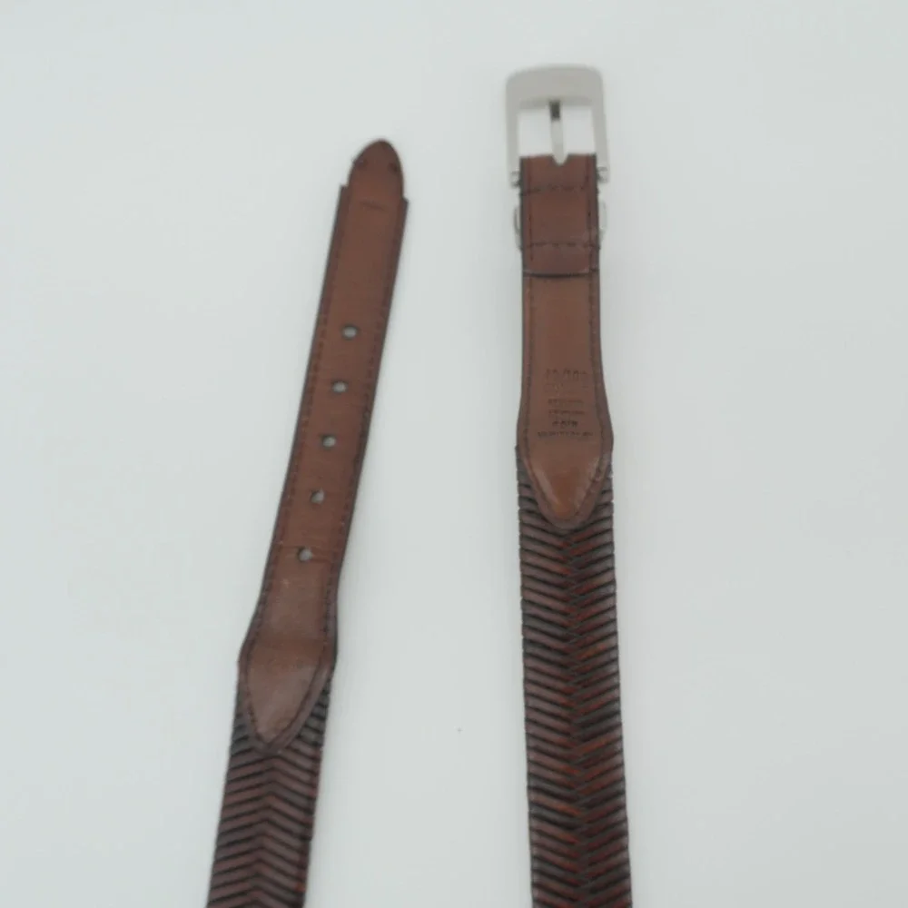 Braided Leather Belt Mens 38-40 Brown Herringbone Woven Silver Buckle
